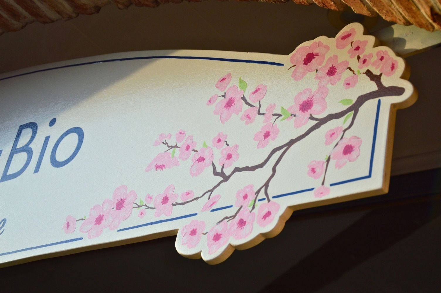 Détails de l'enseigne peinte pour l'institut de beauté représentant des branches avec des petites fleurs roses