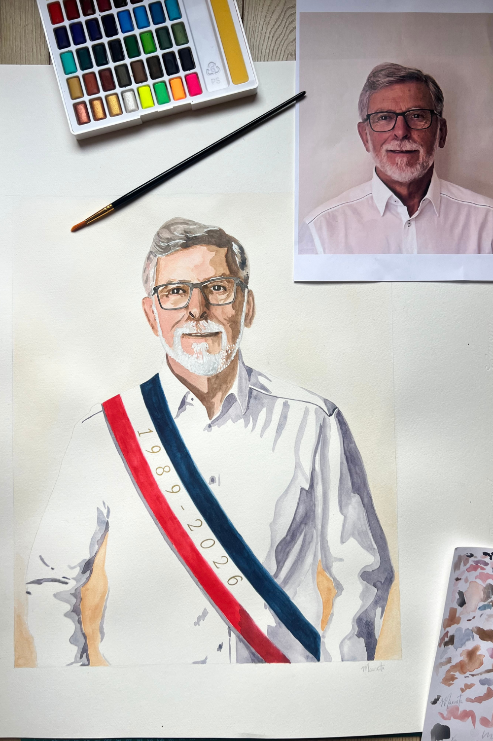 reproduction d'un portrait réalisé à l'aquarelle.